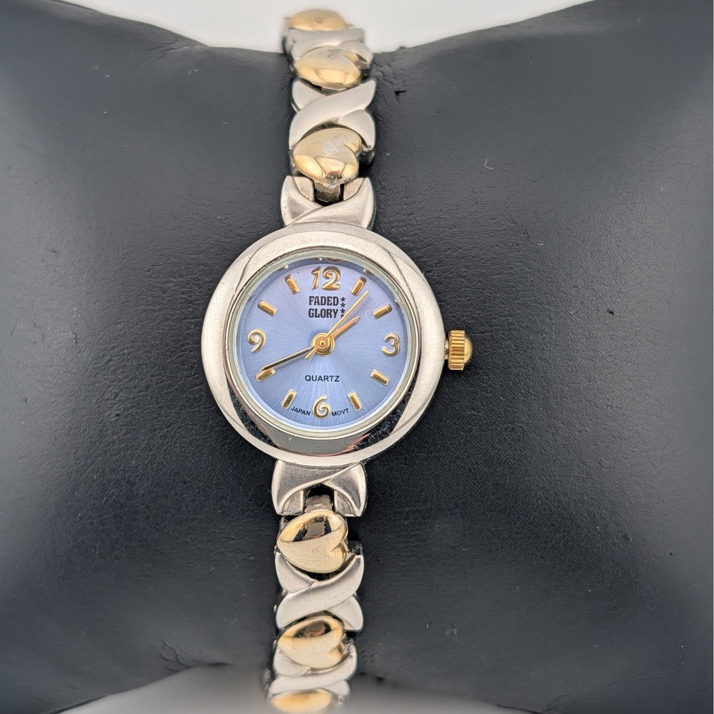 Faded Glory Heart Link Bracelet Watch Blue Dial Two Tone Quartz Y2K